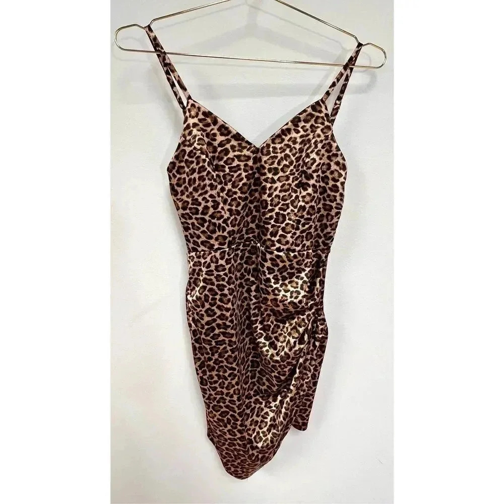 Iris Womens Brown Black Leopard Print Asymmetrical Hem Ruched Mini Dress Medium